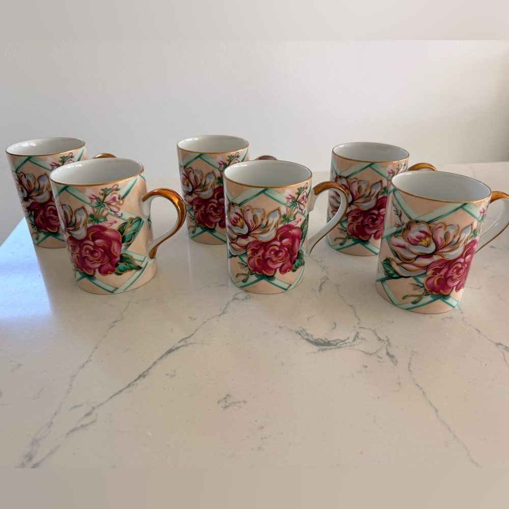 VINTAGE Fitz and Floyd Floral Treillage Zundo Mug Set of 6. Made in Japan